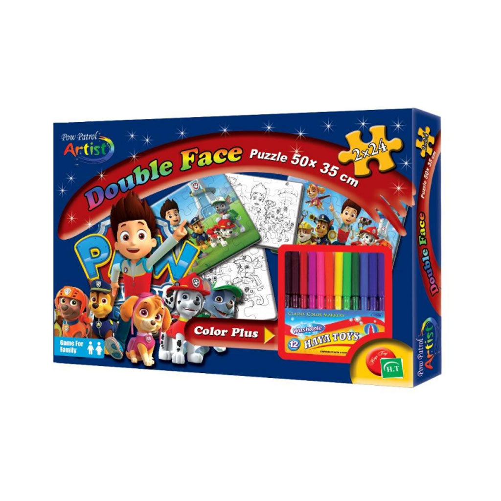 Haya Toys - Double Face Puzzle 50x35cm + Color Markers Paw Patrol