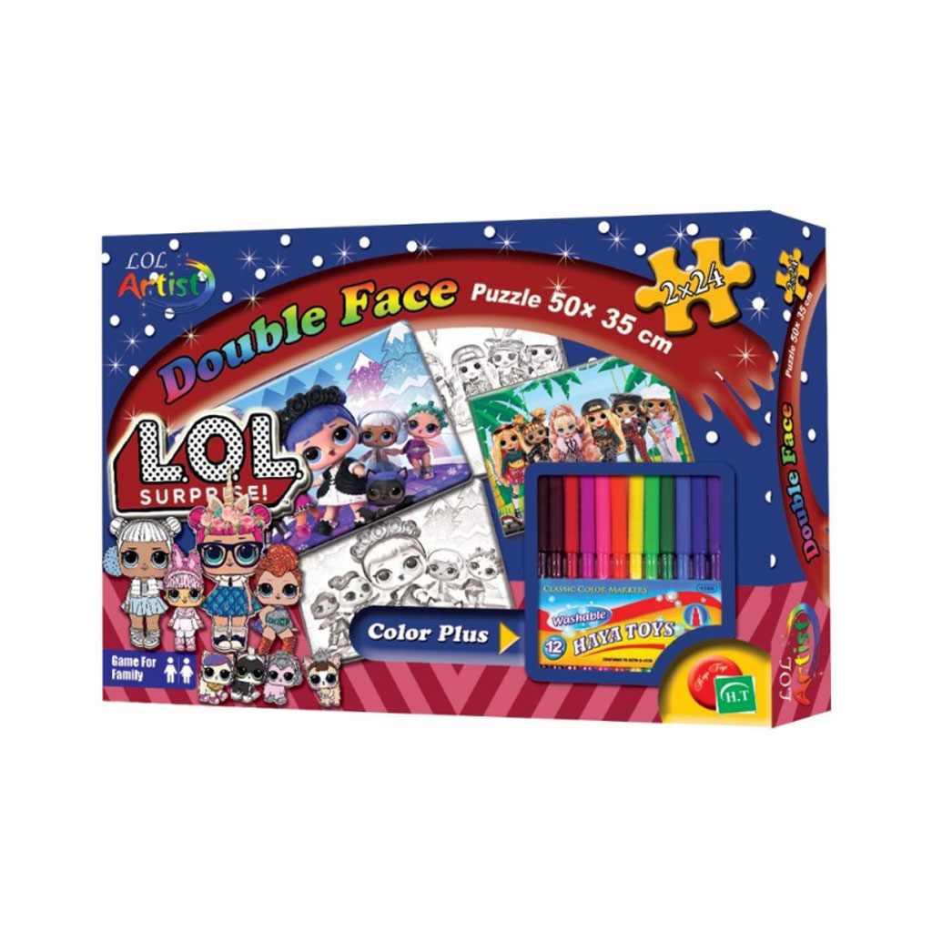Haya Toys - Double Face Puzzle 50x35cm + Color Markers Lol