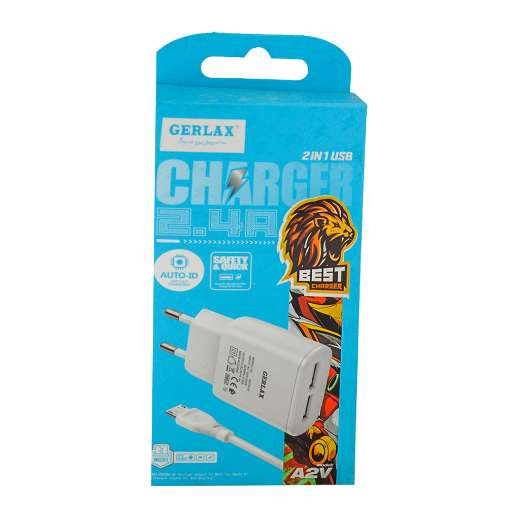 GERLAX -Fast  Charger 2.4A  Micro White + Extra USB Output A2V