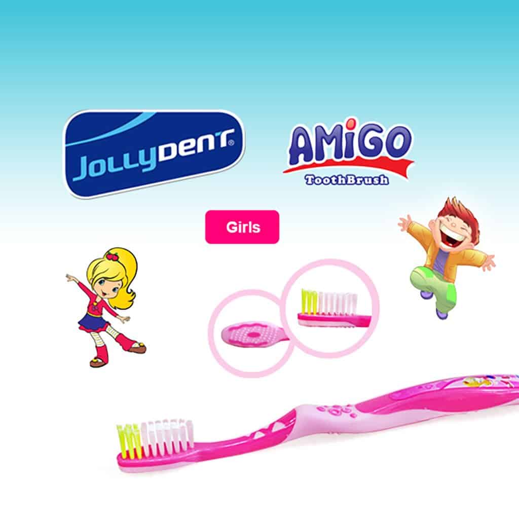 JollyDent - Amigo Tooth Brush with Hygienic Cap 4-12 Years Girls Soft