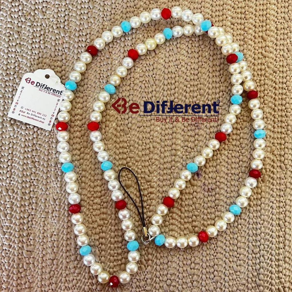 Be Different - Necklace Mobile Holder Pearl with Cyan & Red Crystal