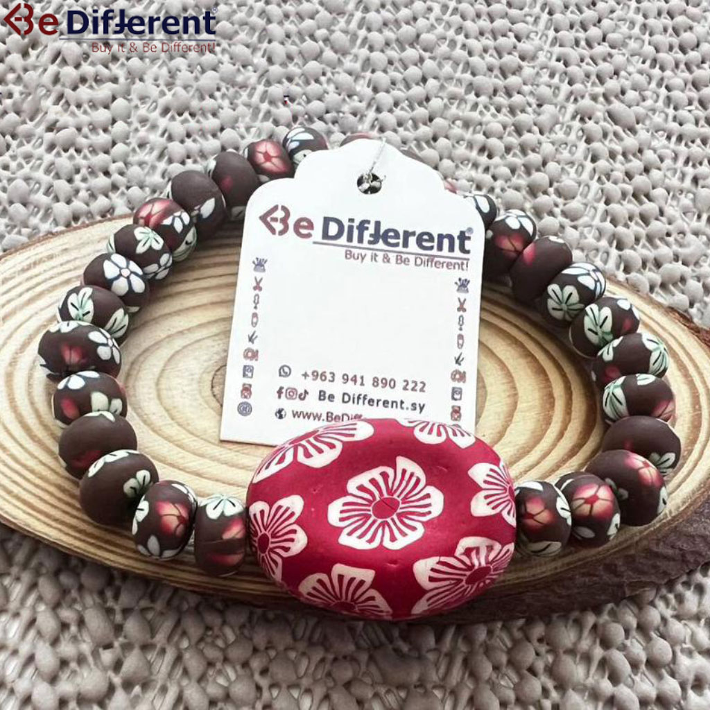 Be Different - Brown Engraved Stone Bracelet with Large Red Stone